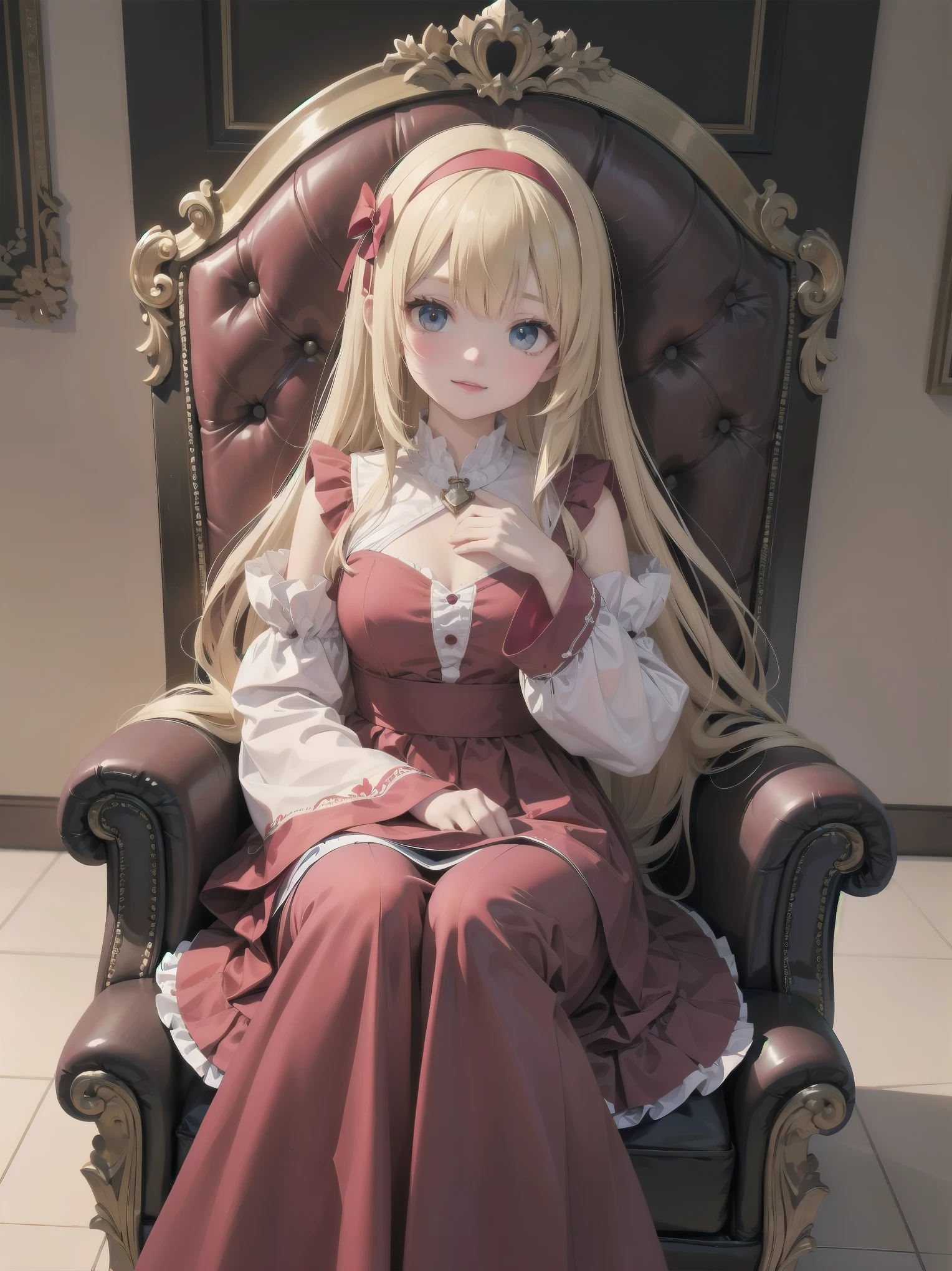 score_9, score_8_up, score_7_up, score_6_up, source_anime, 1girl, solo, defAlexia, long hair, blonde hair, red hairband, brooch, red ballgown, puffy sleeves, frilled sleeves, looking at you, smile, sitting on throne, throne, indoors, stone walls, worried, hand to own chest