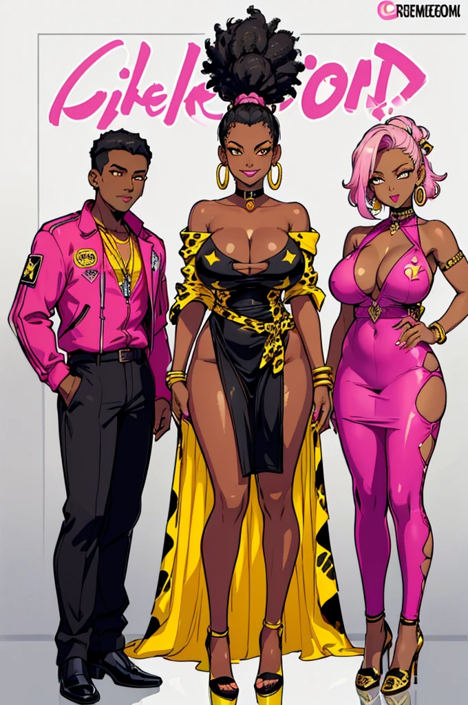 (masterpiece, best quality, high resolution, ((huge breasts)) 1 mature woman, short black afro hair, pink lips, ((dark skin)), yellow leopard print cyberpunk style dress, choker, long earrings, bracelets, black heels, flirty smile,( white background, stickers. Redmond), ((full body standing)),
