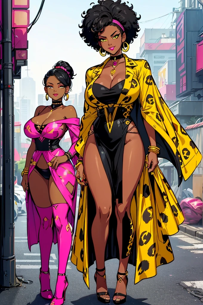 (masterpiece, best quality, high resolution, ((huge breasts)) 1 mature woman, short black afro hair, pink lips, ((dark skin)), yellow leopard print cyberpunk style dress, choker, long earrings, bracelets, black heels, flirty smile,( white background, stickers. Redmond), ((full body standing)),