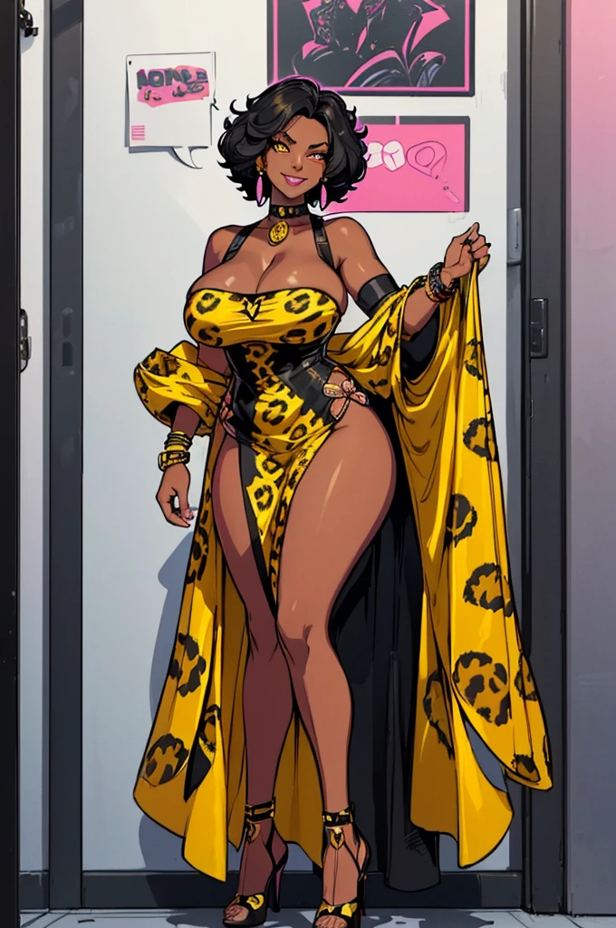 (masterpiece, best quality, high resolution, ((huge breasts)) 1 mature woman, short black afro hair, pink lips, ((dark skin)), yellow leopard print cyberpunk style dress, choker, long earrings, bracelets, black heels, flirty smile,( white background, stickers. Redmond), ((full body standing)),
