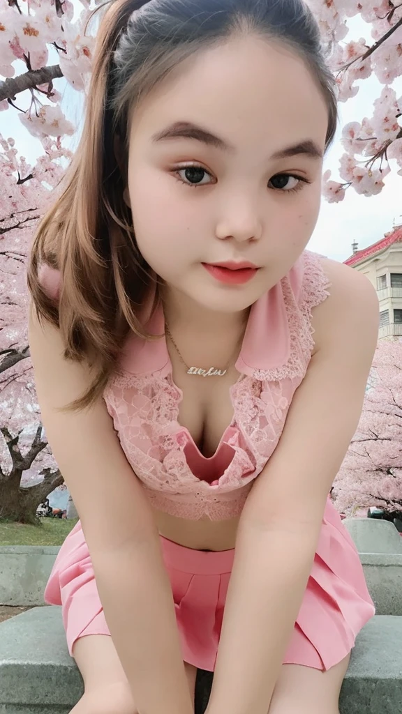 (super highest quality:1.3) (very realistic, Photoreal:1.3), (Realistic and very high quality:1.3), soft light, (brown hair, 1 girl, highly detailed eyes and face, beautifully detailed nose, thin and beautiful eyes, Pure beauty, cute, young, (smaller and flat chest), realistic face, realistic body, beautiful thigh, lace camisole top, mini skirt, full-body porttrait, , sitting, open legs, cherry blossom background