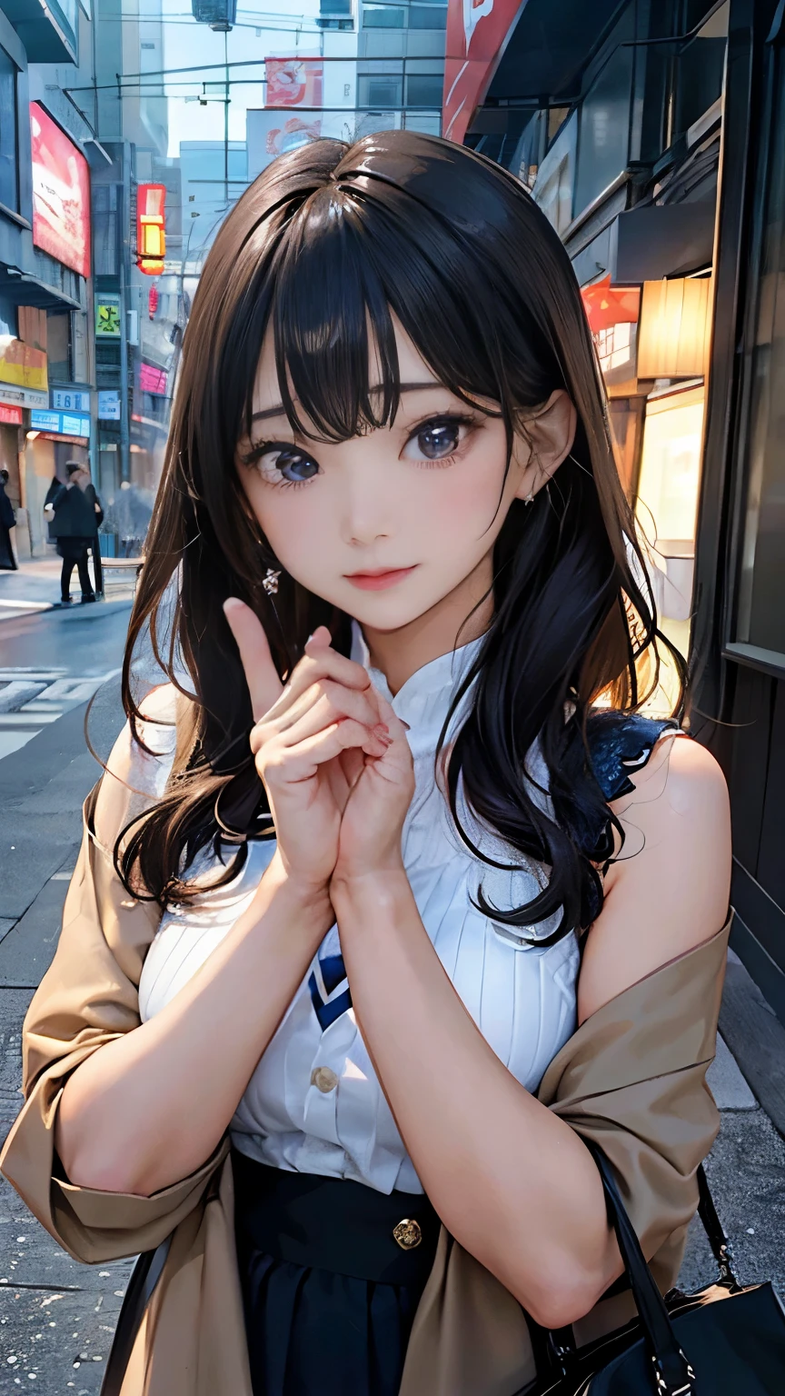((((highest quality)))), (((Ultra-precision CG 16K))), (((masterpiece))), (((Very detailed))), (((Extremely detailed))), (((Black outline:1.3, Written boundary depth:1.3 , Written soft outline))), Blur, Bokeh, Maximum clarity and sharpness,Multilayer Texture, Surface Shading, Cinematic lighting, Beautiful details sparkle ,Perfect Proportions, Limited to one woman, BREAK accurate, Anatomically correct, Highly detailed face and skin texture, drawn in detail, Highly detailed facial and skin texture, Detailed eyes, beautiful hair, Beautiful Japanese Idol face, Beautiful and beautiful eyes, Beautiful body, Beautiful breasts, Beautiful thighs, Beautiful legs, Beautiful fingers, (Beautiful views) , skinny body, ((Beautiful Skin)), ((Skin Texture)) BREAK breast enlarged, large Breasts, perky , (blush, smiling:1.3, brown eyes, pink cheek, Double eyelids, Thin eyebrows, narrow eyes:1.3, Natural cheeks, Glossy skin, Fair skin:1.2, (Glossy lips:1.4, shiny lips: 1.4 ), high school student, Attractive adult woman ) , twin braid, Long Hair, Striped Hair, Hair Intake, Inner hair color, BREAK (casual, wearing outerwear outfits to button up:1.3) , nail art, necklace, Bridal Ring, wearing a watch BREAK Puffing out ches arms raised in the air, standing:1.3 , (full-body-shot:1.3), looking away , from below