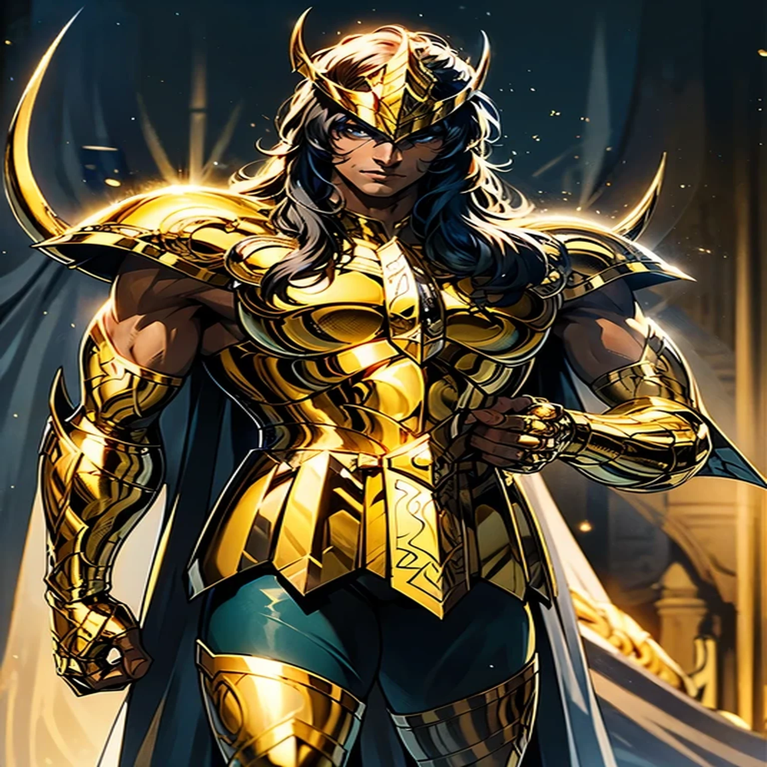 a young man with short white hair, red pupil eyes, wearing golden armor, intricate detailed face, hyper realistic, highly detailed, 8k, masterpiece, photorealistic, vivid colors, dramatic lighting, cinematic, epic scale, dramatic pose, fantasy, concept art style