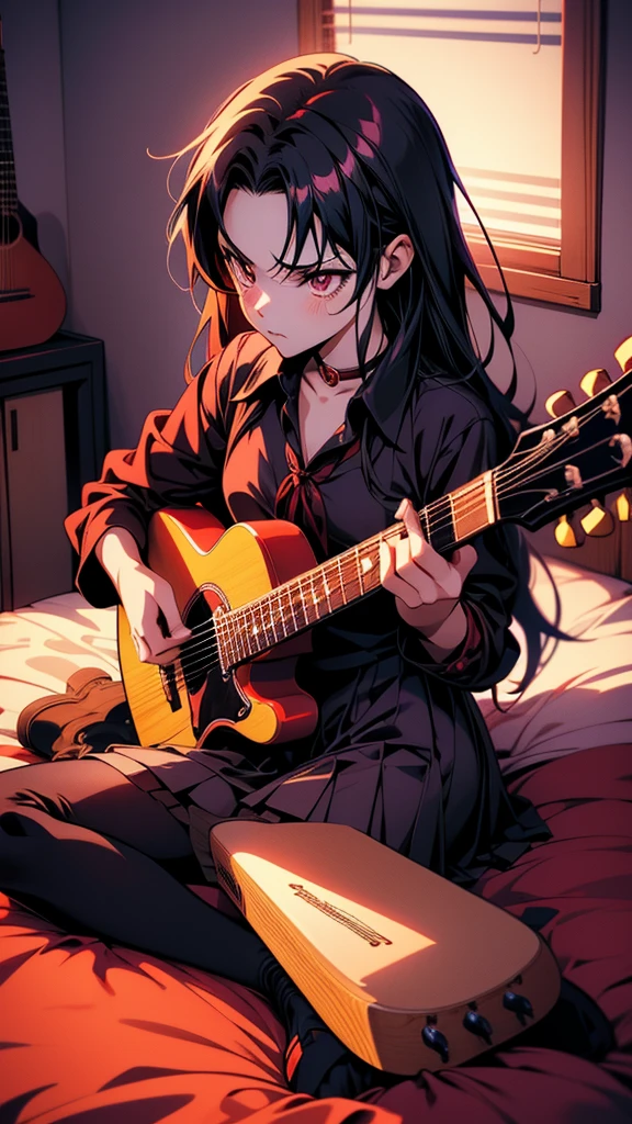 Anime Girls with guitar sitting on bed with red guitar, Gwaiz, emo Anime Girls, artwork in the style of Gwaiz, Nightcore, ( ( ( yoh yoshinari ) ) ), Low saturation!!, guitarist, intricate Anime Girls k-on kyoani, sad!, Guitar solo, Yandere, (Anime Girls), Tohsaka Rin