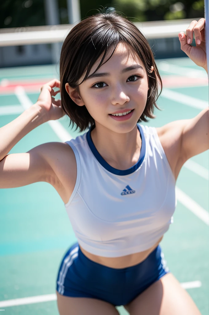 (masterpiece: 1.3), (8k, Realistic, RAW Photos, Highest quality: 1.4), Japanese , (Random Hairstyles: 1.2), Micro Bikini: 1.2, Ultra Detail Face, Attention to detail, double eyelid, Leaning on my chest, Sharp focus: 1.2, Cute Woman: 1.4, Light brown hair, Highest quality, masterpiece, Ultra-high resolution, (Realistic: 1.4), Highly detailed and professionally lit smile, Playground Background, Track and field athlete stretching, tight white crop top, Light blue racing shorts, Shining Sweat, Baby Face, thin, Serious expression, short hair,