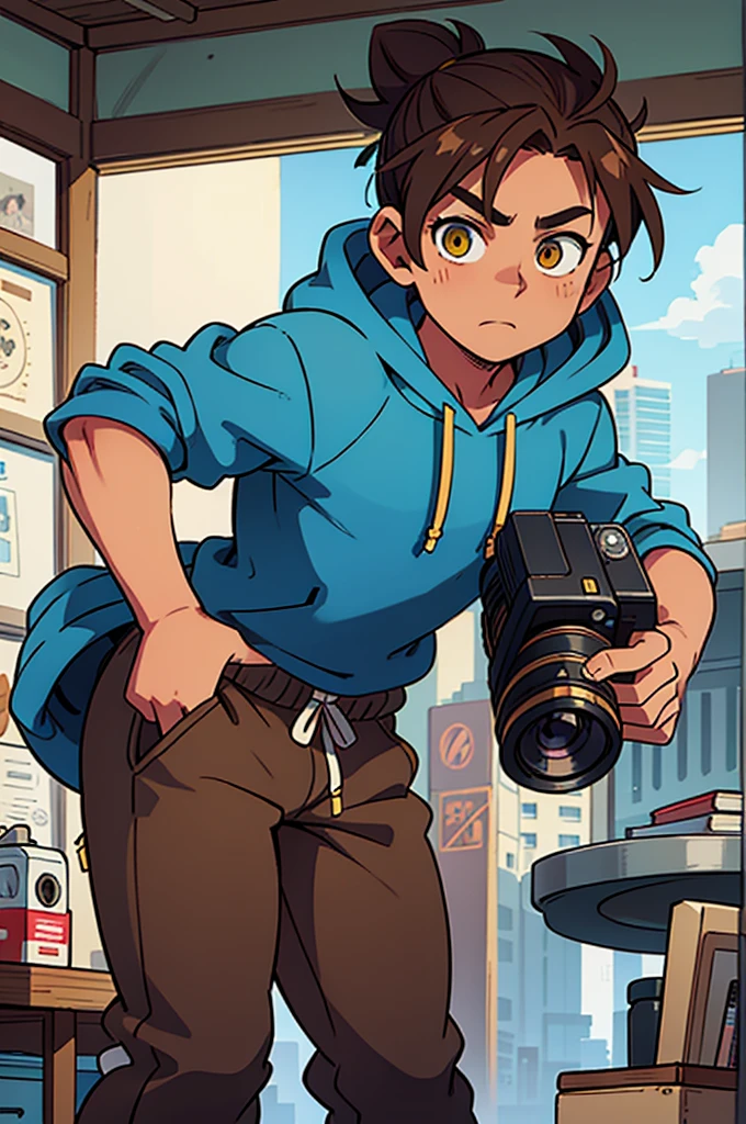 Blue and yellow eyes, holding old school camera in hand, hoodie on, thick brown hoodie, male, fair skin. 20 years old, brown hair in messy bun.