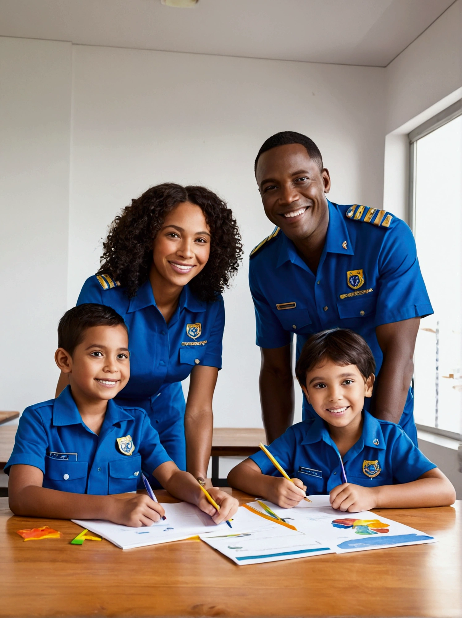 A happy family, made up of a couple and two young children, all wearing blue uniforms, is sitting around a light wooden table in a well-lit office. Father and mother hold pens and sign documents on the table, while the children watch with smiles on their faces. Ao fundo, a white wall decorated with colorful paintings and a large window lets in natural light, creating a welcoming environment full of joy and fulfillment.
