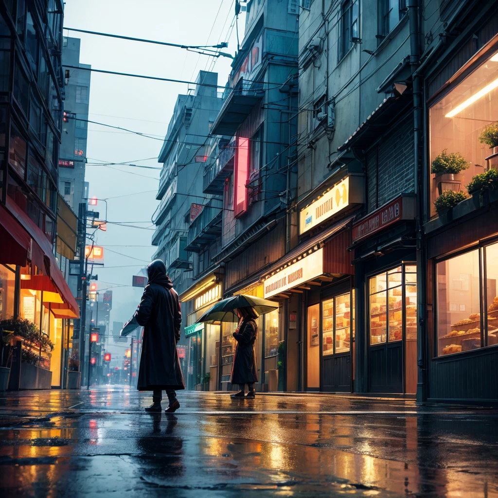 In front of a bakery, a somewhat rainy climate, a calm cyberpunk aesthetic, a beautiful and clean city without wires and streetlights, feeling of peace and harmony.
