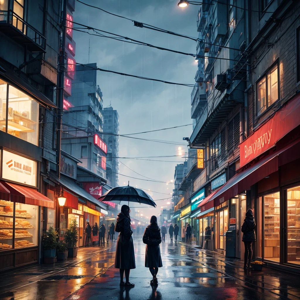 In front of a bakery, a somewhat rainy climate, a calm cyberpunk aesthetic, a beautiful and clean city without wires and streetlights, feeling of peace and harmony.