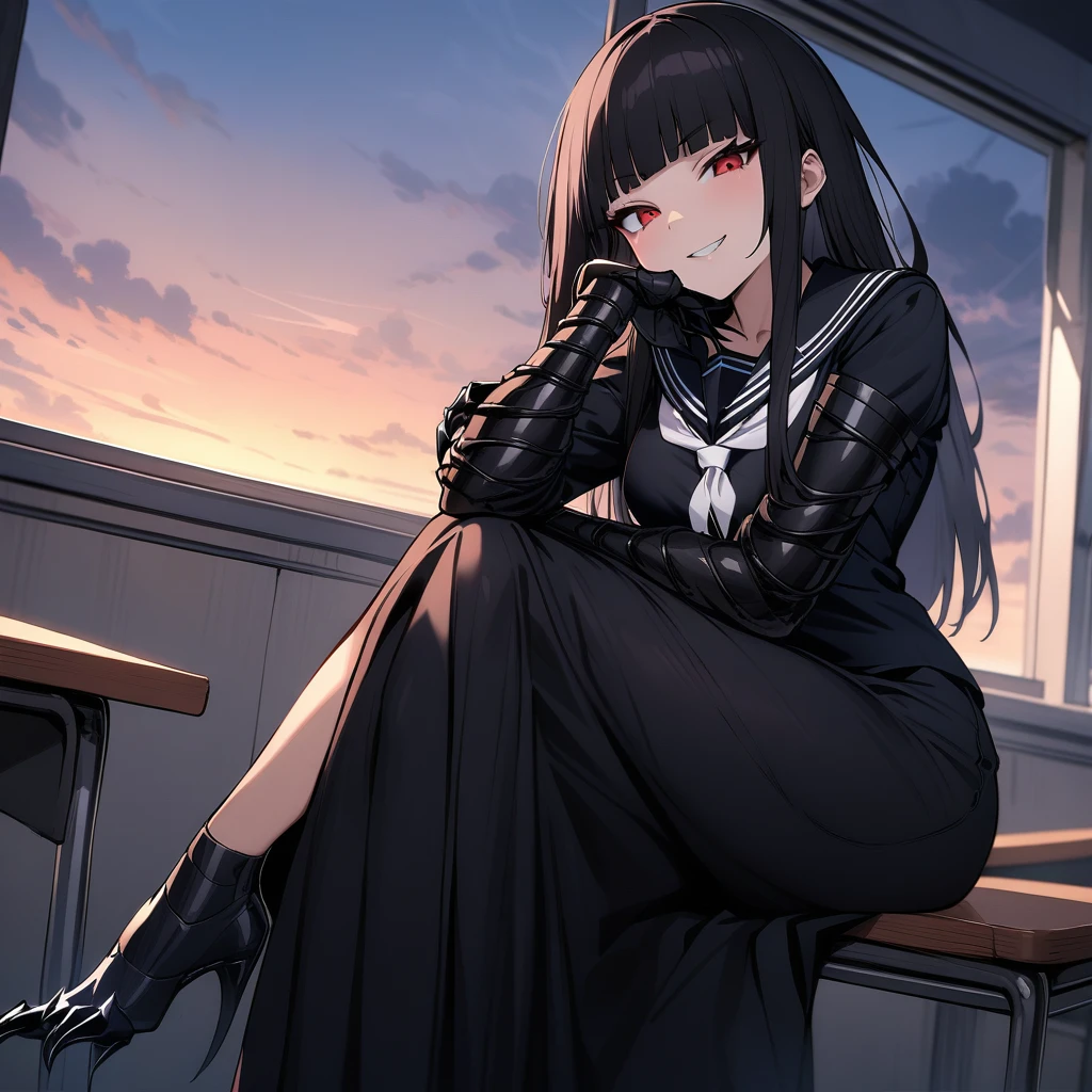 (masterpiece,best quality,very aesthetic),(ultra-detailed),(atlach-nacha,degenerate),1girl,20yo,Statuesque,curvy,tall,long hair, black hair,straight hair,(blunt bangs),beautiful red eyes,smirk,grin,look down on with disdain,black serafuku in winter,long sleeves,(long skirt),white ribbon tie,dusk sky,leather shoes,classroom,(black Claws with arms fused like spider arm:1.3),hand on cheek,crossed legs,sitting on desk,solo,looking at viewer,cowboy shot