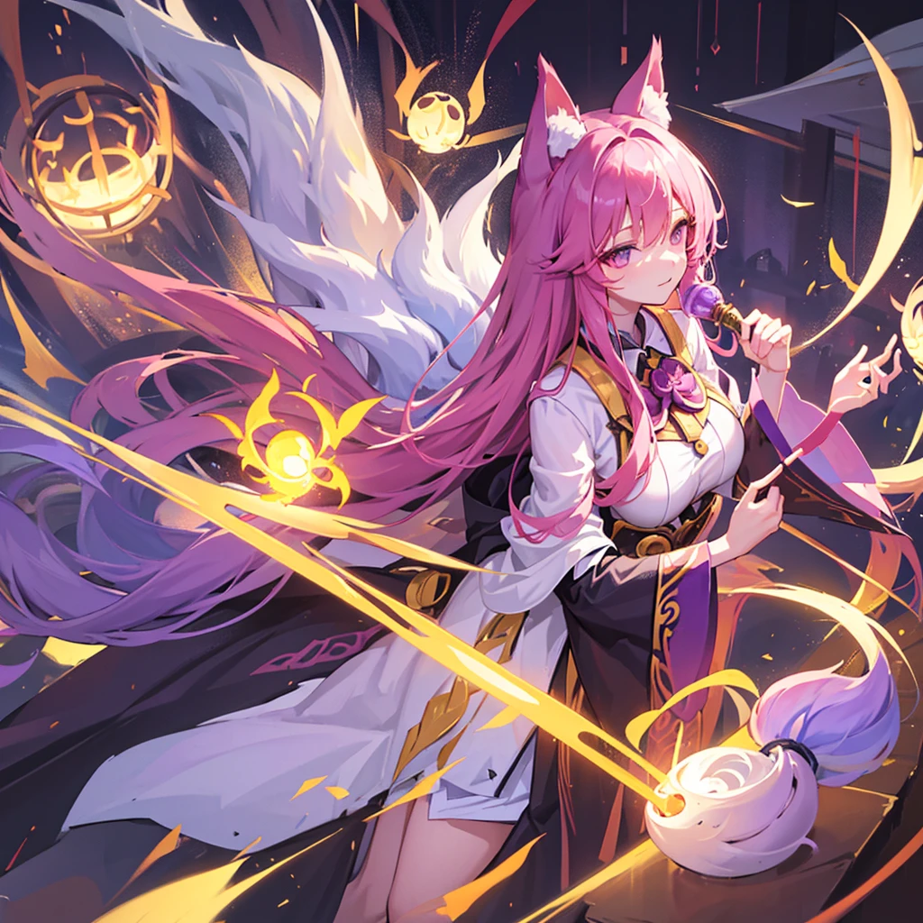 Ahri has striking features. She has long, flowing yellow hair that cascades down her back, complementing her vibrant purple eyes. The most unique aspect of Ahri's appearance is her nine tails, which are a mix of yellow and purple, exuding a soft and warm glow. Her overall look is enchanting and mysterious. Big plan on her.