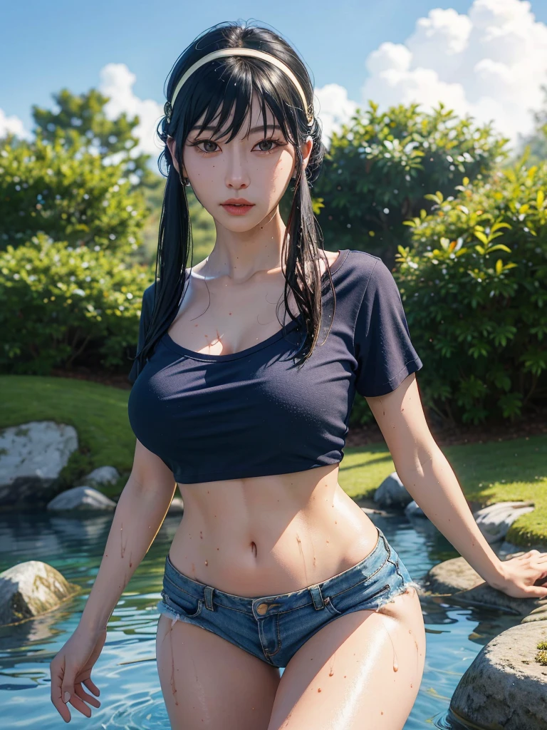 (yor), (Best quality, 8k, Masterpiece :1.3), (realistic, photorealistic: 1.37), (1girl), (slim), (Japanese), (random pose), (wet body), (long hair, random hairstyle), (outdoors), (Ultra-detailed face), (Detailed eyes), (Double eyelids), (eyeshadow intensifying), (many eyelashes), (professional lighting), (photon mapping), (radiosity), (looking directly at viewer), (full bodyesbian), (legs are open), (With a cropped T-shirt), (Slim figure), (Slim girl model), (25 years old female model), (gigantic cleavage breasts) (No bra, No top, Bare chest),