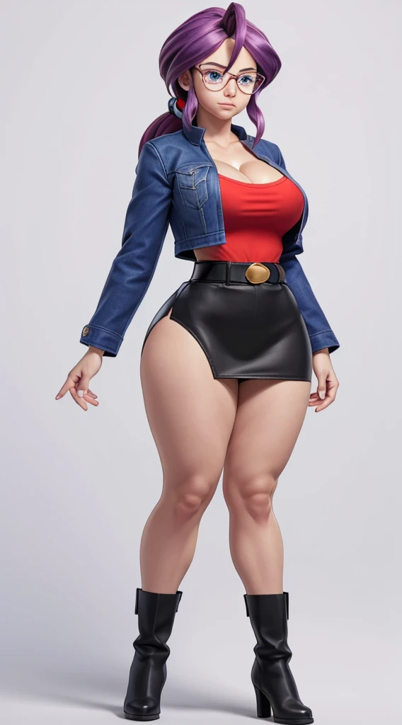 animeLorelei, purple hair, blue eyes, hair between eyes, glasses, blue jacket, red shirt, cleavage, belt, pencil skirt high detailed, masterpiece, as cartoon character, perfect hands, round breasts, wide hips, thick thighs, ultra realistic digital art, clean scene, white background, full body knew high boots