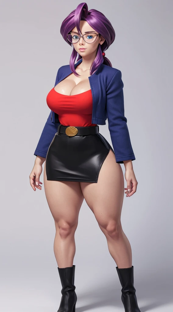 animeLorelei, purple hair, blue eyes, hair between eyes, glasses, blue jacket, red shirt, cleavage, belt, pencil skirt high detailed, masterpiece, as cartoon character, perfect hands, round breasts, wide hips, thick thighs, ultra realistic digital art, clean scene, white background, full body knew high boots