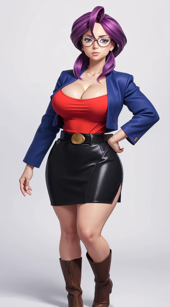 animeLorelei, purple hair, blue eyes, hair between eyes, glasses, blue jacket, red shirt, cleavage, belt, pencil skirt high detailed, masterpiece, as cartoon character, perfect hands, round breasts, wide hips, thick thighs, ultra realistic digital art, clean scene, white background, full body knew high boots