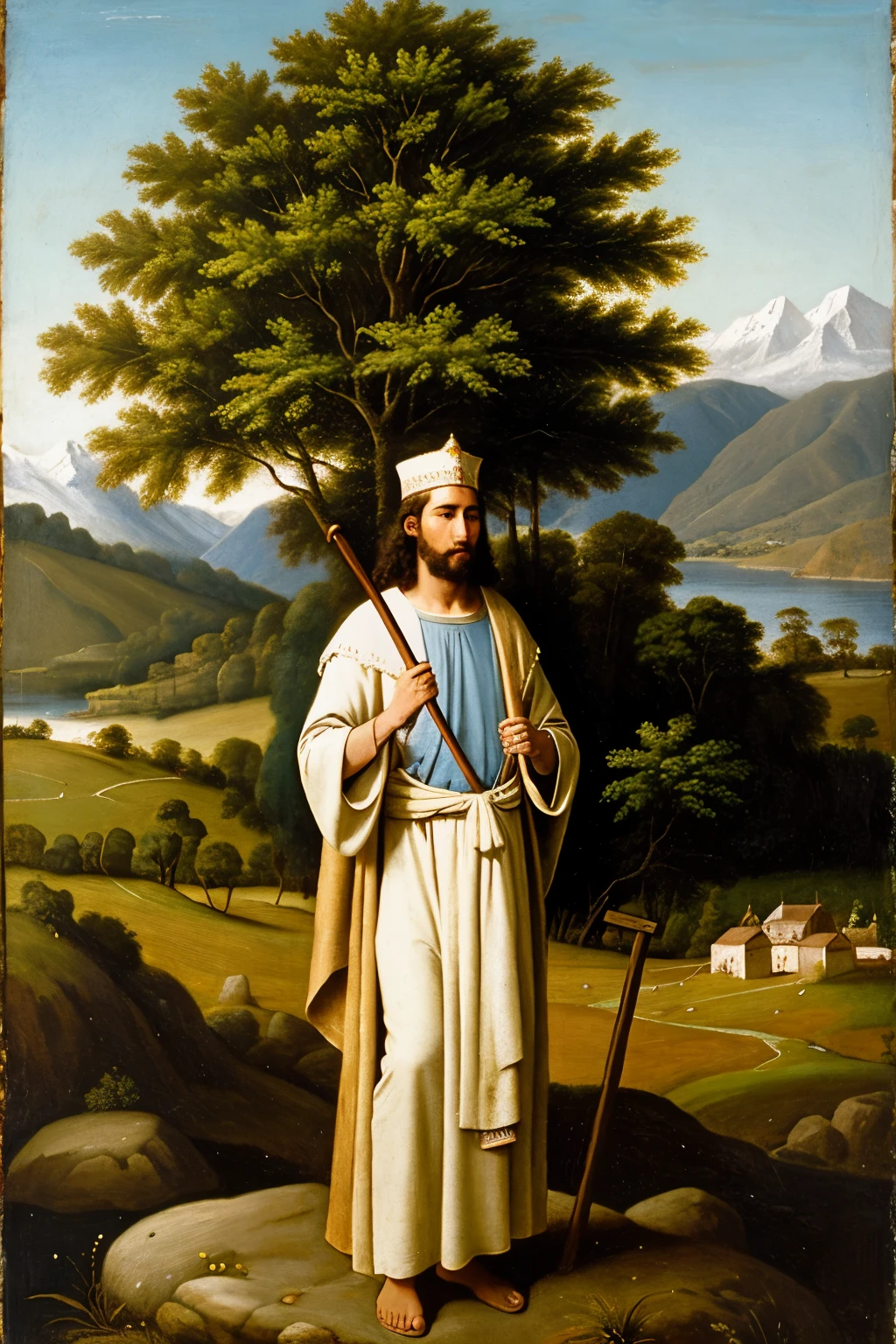 painting of a man with bow and arrow standing in a field, inspirado em Johann FriedriCh OverbeCk, San Sebastian, santo, christian saint, portrait of saint of the pit, Directed by: Johann Friedrich Overbeck, the non-binary deity of spring, saint of the pit, Directed by: Dosso Dossi, santa mulher, homem de santo