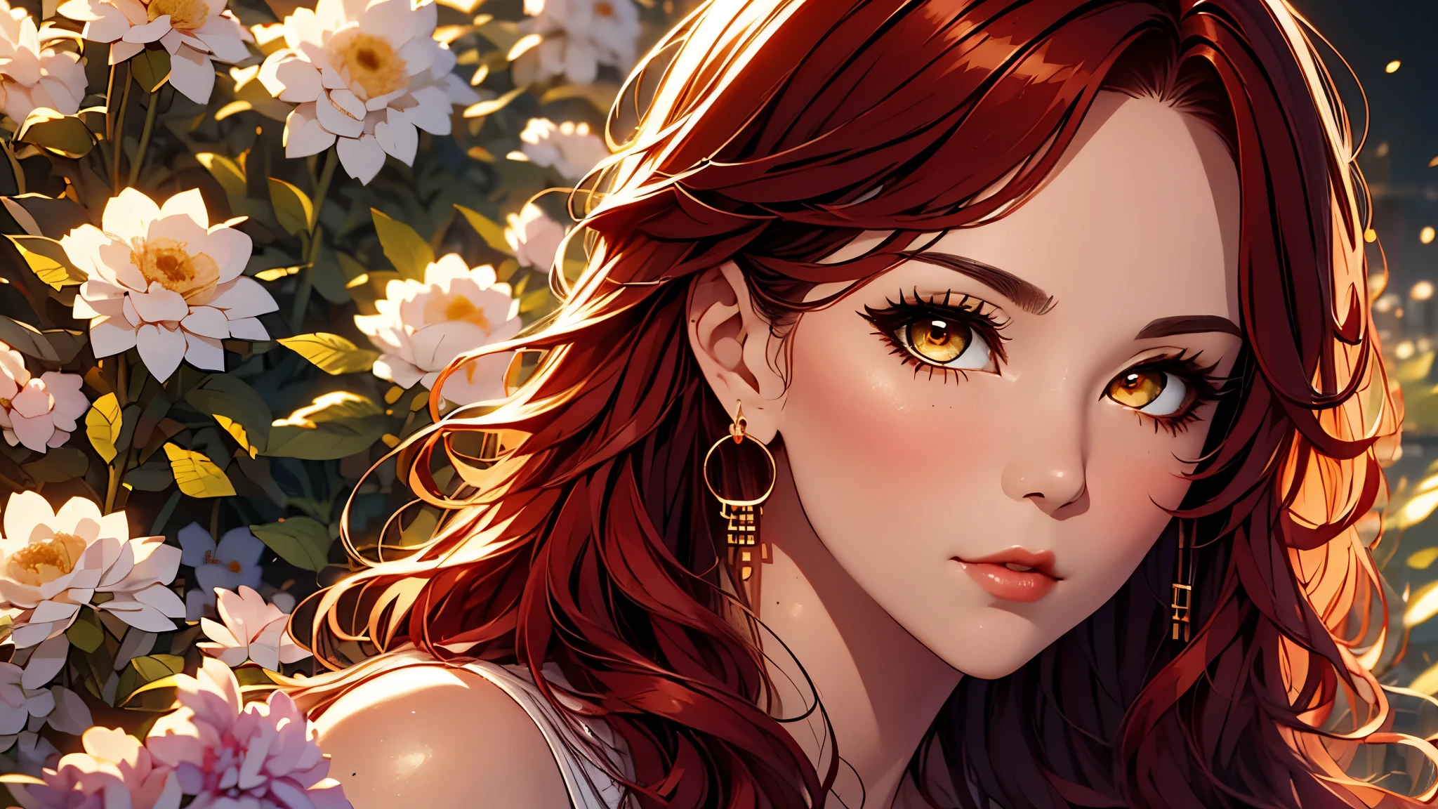 Xian Mei, blonde, metal ornaments, colorful flowers, particles, light, (masterpiece, high quality, high quality, official art, beautiful and aesthetic: 1.2), (1 girl: 1.3), very detailed ,(Fractal Art:1.1),(Colorful:1.1)(Flowers:1.3),Most Detailed,(Dynamic Pose),(Abstract Background:1.3),(Shiny Skin),(Many Colors:1.4), ,(Earrings: 1.4), ( pen:1.4), masterpiece, highest quality, 20 years old, mature woman, beautiful mature woman, captivating smile, black dress, full lips, blush, looking at the audience, provocative expression, Cleavage, attractive face, mischievous face, inviting gaze, expression of emotion, beautiful accessories, clothing details, cinematic lighting, film grain, light and dark contrast, 8k, masterpiece, very detailed, attention to detail, high quality, high definition, masterpiece, high quality, very detailed, Cowboy Shot, Looking at the audience , Outdoor, blush, 1 girl, (masterpiece: 1.3), (high definition), (8k), (very detailed), perfect face, beautiful eyes and face, (( (Excellent quality))), (Very detailed ), Detailed face and eyes, ultra detailed eyes, perfect anatomy, ultra detailed hands, (alone), High definition、Beautiful eyes, (((Sexy pose))), red wavy hair, golden eyes, lying among flowers,
