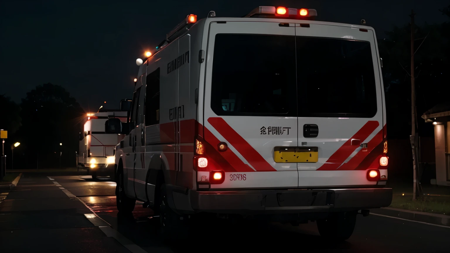 an ambulance going to an emergency at night, the ambulance must have its back to the camera