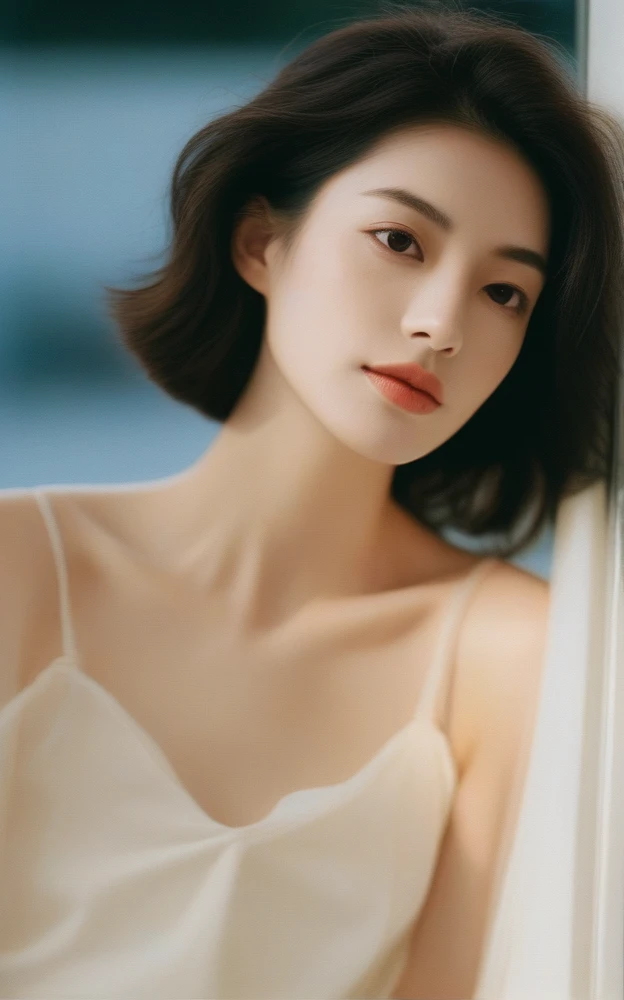 Close-up candid portrait photo of artistic young Korean woman, Retro-future, Movie stills, ((alone)), (Looks like Anne Hathaway: 0.9), Sit by the window, The sun shines on her face, Soft romantic lighting, Summer day, Leica SL3, Summicron SL75f/2. Asf, Kodak Gold 200 Film, Bare shoulders, Dynamic action poses,Wearing camisole so thin and black that underwear shows through, underwear showing through, graceful woman, noble atmosphere, celebrity, beautiful dark hair, delicate face, detailed eyes, arms up, hair touching back.