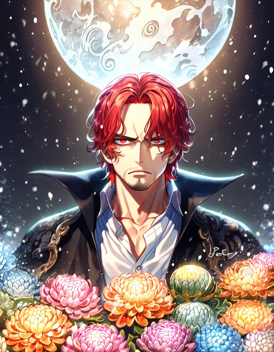 absurdres, highres, ultra detailed, HDR, master piece, best quality, extremely detailed, Shanks, red hair, expressive red eyes, faint beard, One Piece, solo, sexy man, handsome, black cape, white shirt, fantasy, sparkling, ice glittering fireflies, ice moon, ice, ice chrysanthemums, blue sparkling lights, magical, snowing, ice style
