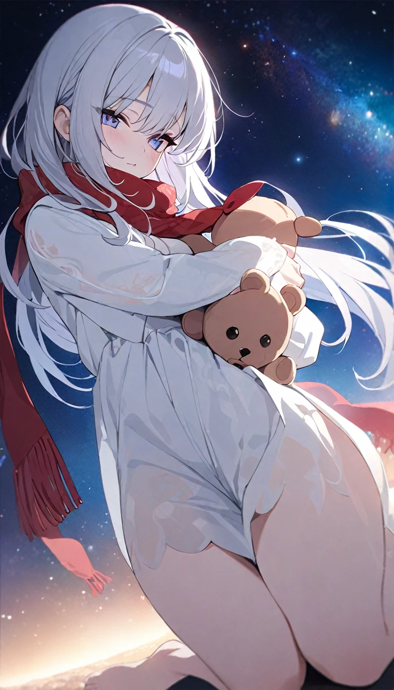 (((masterpiece))), (((best quality))),(((high detail))),light manipulation, girl with long silver hair, gradient purple to sky blue eyes, wearing a white dress, a red scarf, galaxy background, holding a teddy bear, feet, no footwear