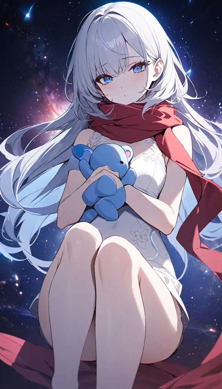 (((masterpiece))), (((best quality))),(((high detail))),light manipulation, girl with long silver hair, gradient purple to sky blue eyes, wearing a white dress, a red scarf, galaxy background, holding a teddy bear, feet, no footwear, (((loli))), (((child))) 