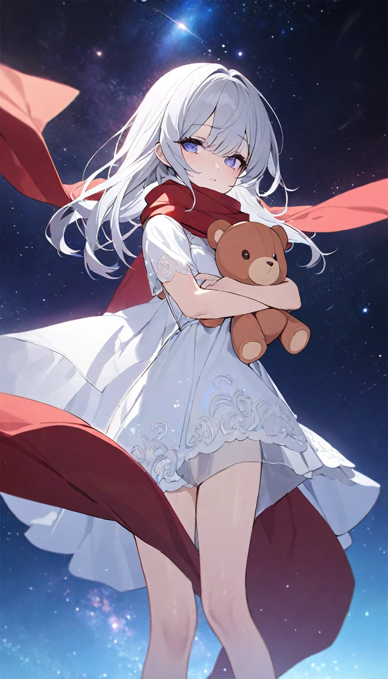 (((masterpiece))), (((best quality))),(((high detail))),light manipulation, girl with long silver hair, gradient purple to sky blue eyes, wearing a white dress, a red scarf, galaxy background, holding a teddy bear, feet, no footwear