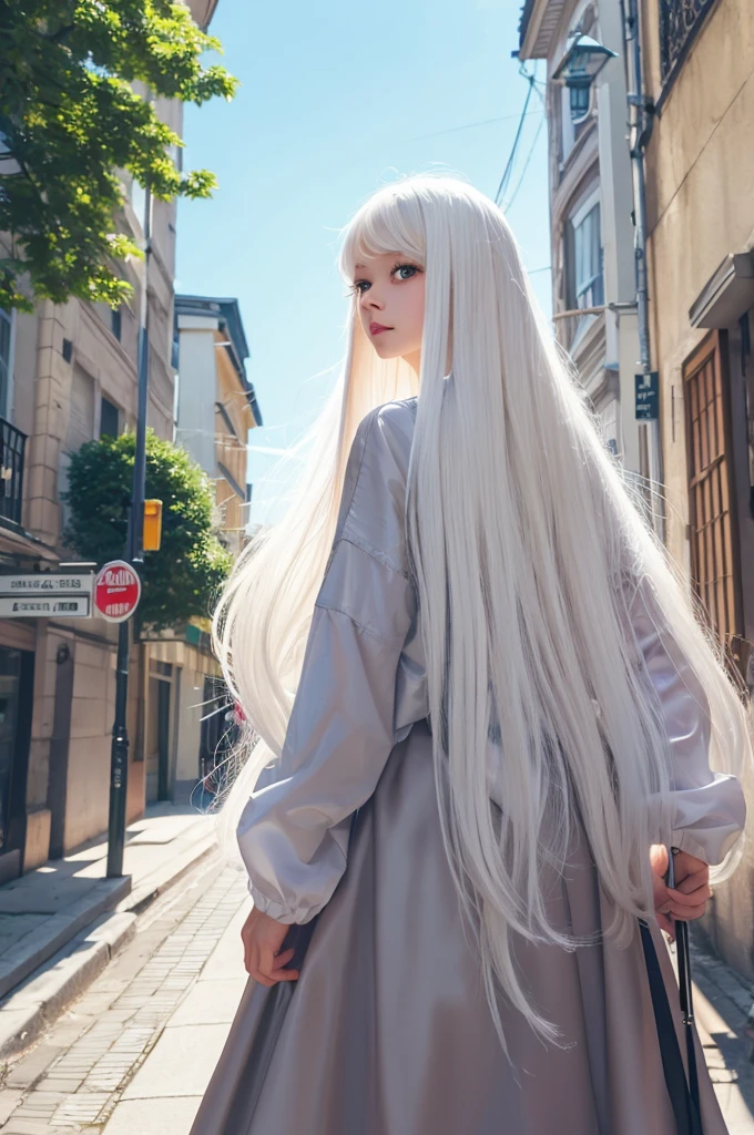 A girl with an umbrella, long white hair, facing backwards, illustration style