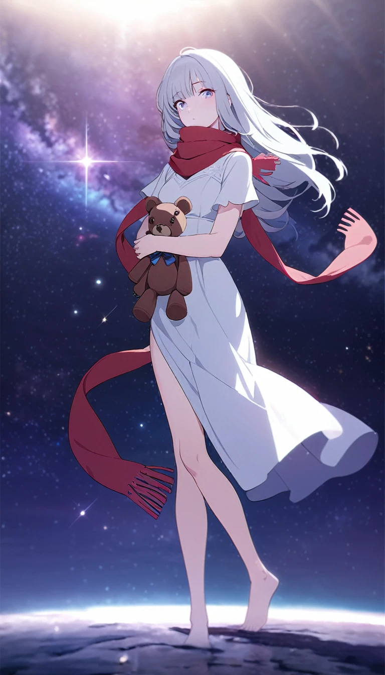 (((masterpiece))), (((best quality))),(((high detail))),light manipulation, girl with long silver hair, gradient purple to sky blue eyes, wearing a white dress, a red scarf, galaxy background, holding a teddy bear, feet, no footwear