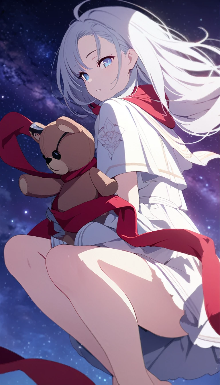 (((masterpiece))), (((best quality))),(((high detail))),light manipulation, girl with long silver hair, gradient purple to sky blue eyes, wearing a white dress, a red scarf, galaxy background, holding a teddy bear, feet, no footwear