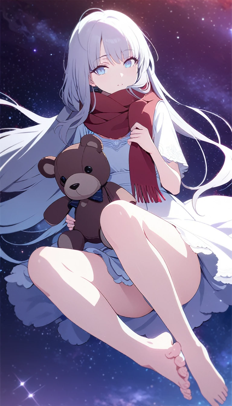 (((masterpiece))), (((best quality))),(((high detail))),light manipulation, girl with long silver hair, gradient purple to sky blue eyes, wearing a white dress, a red scarf, galaxy background, holding a teddy bear, feet, no footwear