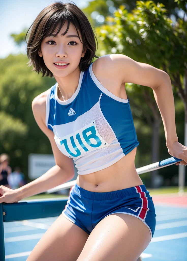 (masterpiece: 1.3), (8k, Realistic, RAW Photos, Highest quality: 1.4), Japanese , (Random Hairstyles: 1.2), Micro Bikini: 1.2, Ultra Detail Face, Attention to detail, double eyelid, Leaning on my chest, Sharp focus: 1.2, Cute Woman: 1.4, Light brown hair, Highest quality, masterpiece, Ultra-high resolution, (Realistic: 1.4), Highly detailed and professionally lit smile, Playground Background, Track and field athlete stretching, tight white crop top, Light blue racing shorts, Shining Sweat, Baby Face, thin, Serious expression, short hair,