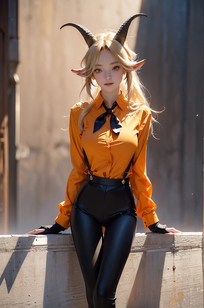 Sexy,(best quality, masterpiece, Ultra-high resolution),(Reality:1.4),1 Girl,( Shut up, Cool,(Degenbrecher(Ark of Tomorrow)),tie, Goat Girl, black tie, trumpet, arms, Hair between the eyes, goat trumpet, Suspenders, Animal ears, Blonde Hair, Very long hair, black Pants, Black Gloves, Yellow eyes, Collared shirt, orange color shirt, Goat ears,Pants,Illustration view, (Very_long_leg:1.1)),(Slim),(Glowing skin:0.5),Snow Mountain,(,Looking at another), (Huge breasts),Vibrant colors,Complementary shades,Dark theme,(Warm and cold contrast:1.2),