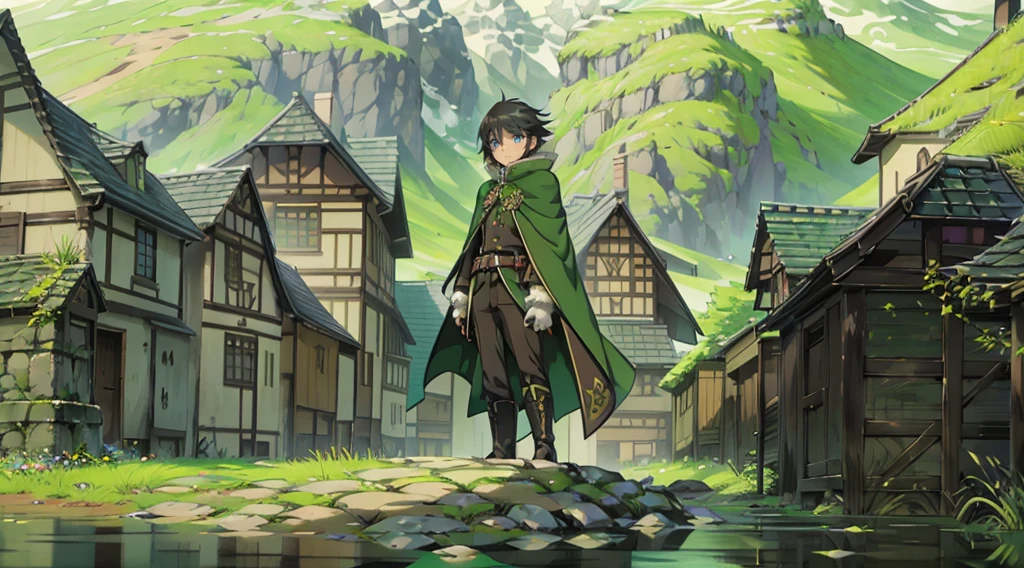 yuichiro hyakuya, (WithoutFear:1), 1 boy, black hair, green eyes, brown coat, gray armor, green shield, green cloak, dark brown gloves, town, white fur trim, tall, anime, standing, good quality, portrait, looking at viewer