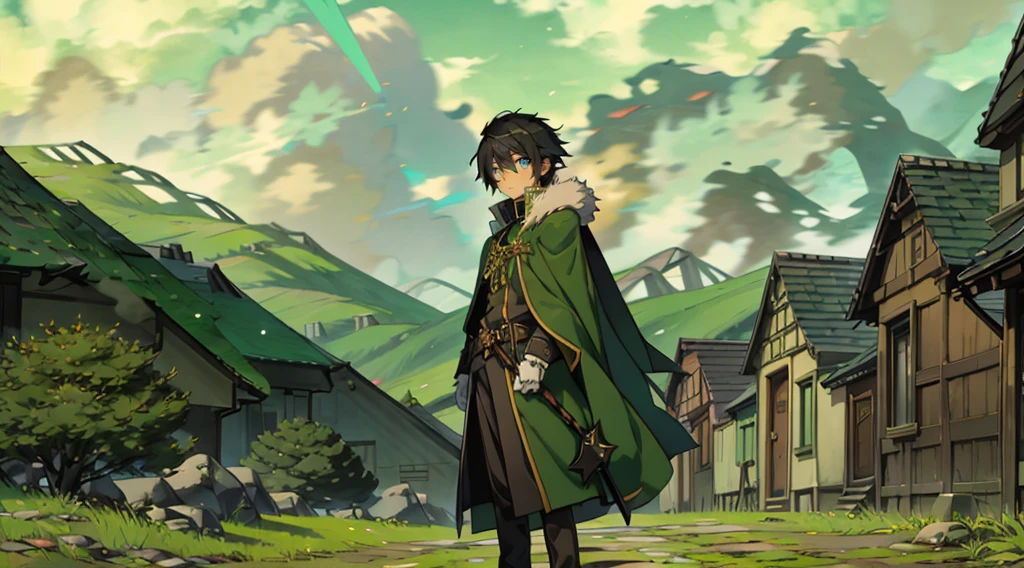 yuichiro hyakuya, (WithoutFear:1), 1 boy, black hair, green eyes, brown coat, gray armor, green shield, green cloak, dark brown gloves, town, white fur trim, tall, anime, standing, good quality, portrait, looking at viewer