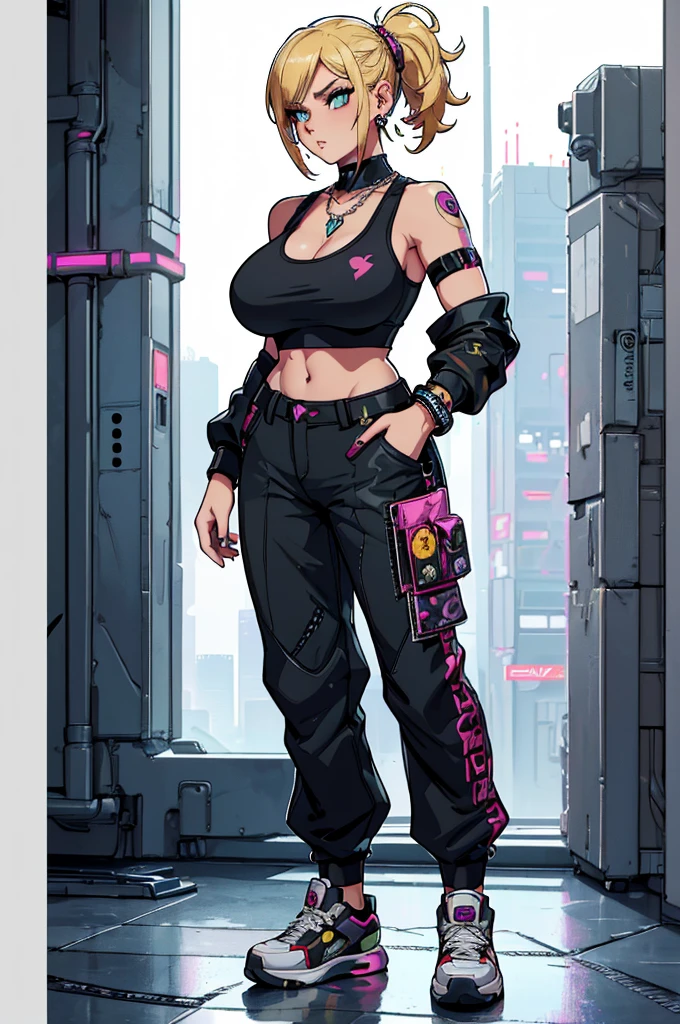 (masterpiece, best quality, high resolution, ((huge breasts)) 1 joben girl, blonde hair, cyberpunk style punk hairstyle, mesh tank top, cyberpunk style pants, cyberpunk style sneakers, necklace, bracelets, long earrings, ( white background , stickers Redmond), ((full body standing)),
