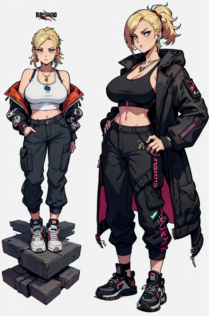 (masterpiece, best quality, high resolution, ((huge breasts)) 1 joben girl, blonde hair, cyberpunk style punk hairstyle, mesh tank top, cyberpunk style pants, cyberpunk style sneakers, necklace, bracelets, long earrings, ( white background , stickers Redmond), ((full body standing)),
