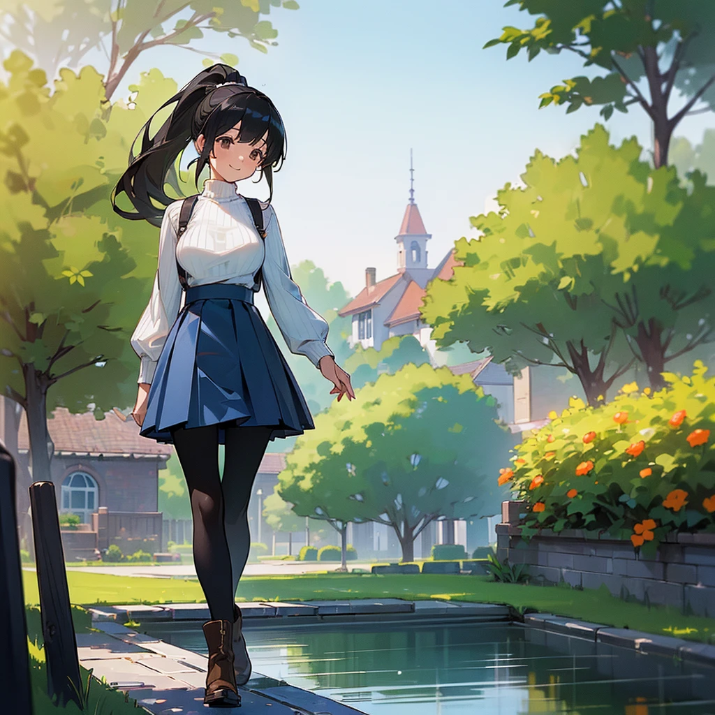 (high quality, High resolution, Very detailed, reality:1.37), Peaceful atmosphere, (Outdoor, garden), girl standing alone, (my breasts are big.), Beautiful details, Cute Smile, (Black hair ponytail), Ribbed sweater, Blue Skirt, Black tights, Brown boots.
