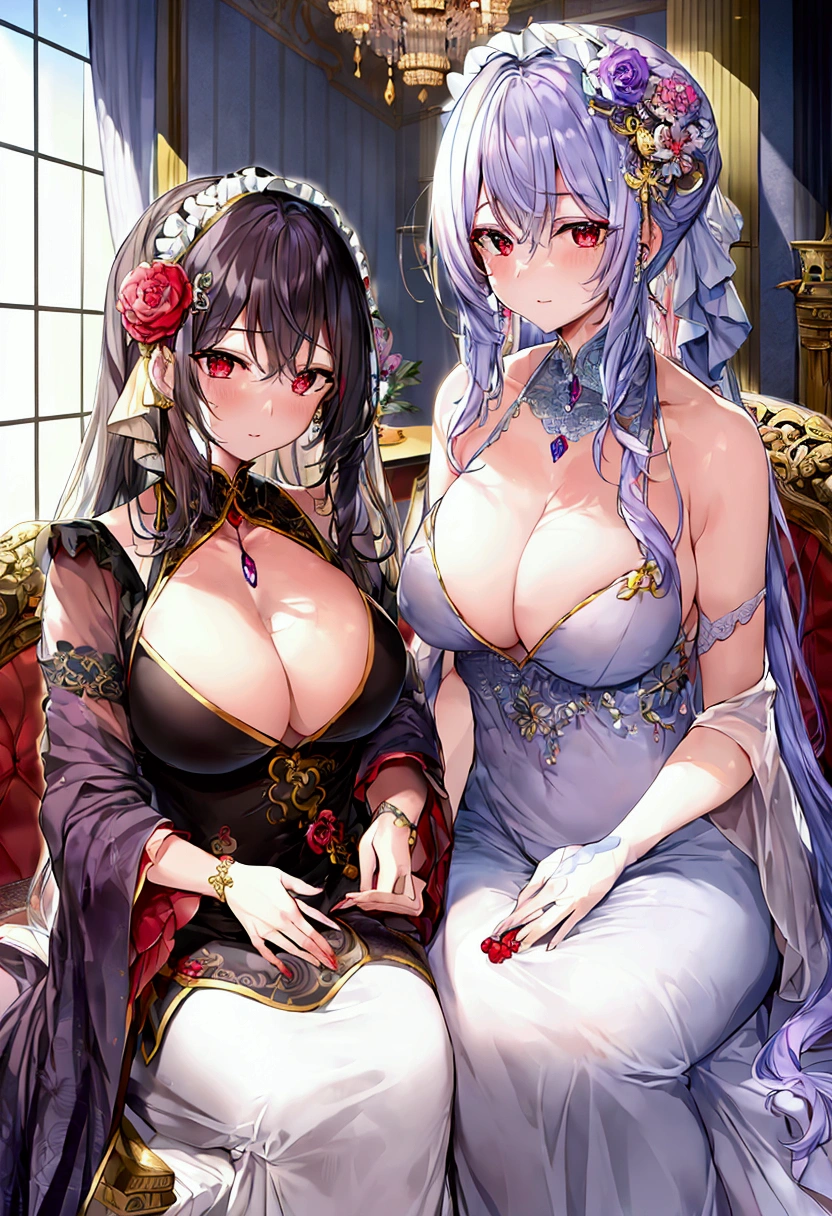 masterpiece, Highest quality, Intricate details, 派手な銀髪のホストのmale性二人, The one on the right has red eyes、The one on the left has purple eyes,male