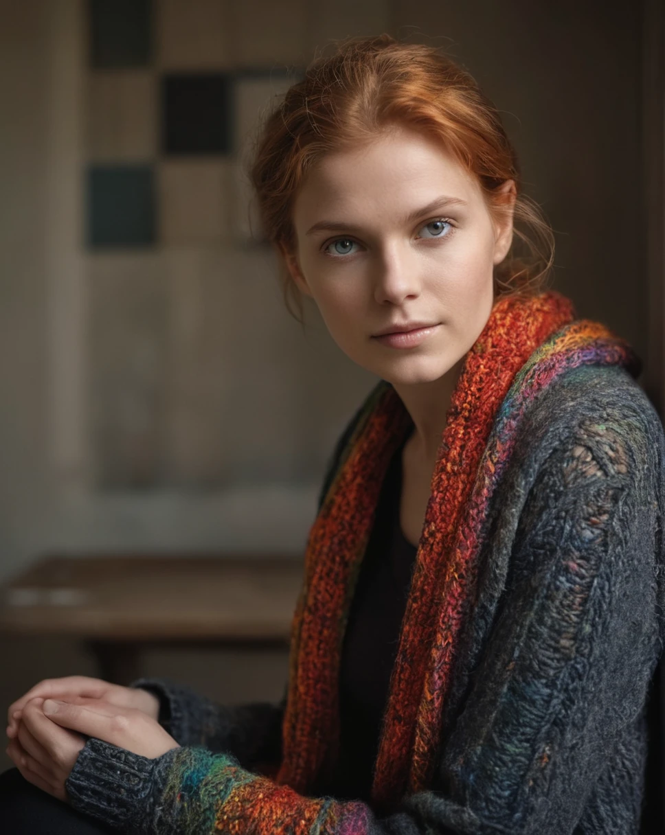 high quality ultra-realistic portrait photo of an American woman , she's in gritty old EMPTY SPACE, exceptional lush detail, the woman is (knitting vibrant squares), interior SPARCE EMPTY LIMINAL SPACE surroundings, she's, INSIDE KNITTING colorful circles wears crochet, scarves, image ultra, extraordinarily micro-realistic quality photo of a crochet woman , exceptional lush detail of woman pupils, ((glance to camera)), soft lights, no makeup beauty, her hair behind her ears, short hair, she's wearing (knitted wrap colorful with black skirt), MESMERIZING facial detail, shapely, high quality 1 woman , taken interiors empty, in a (liminal:1.1), all alone,, ((high contrast:1.2)),creepy LIMINAL SPACE (professional woman), ((taken using Leica camera, aperture: f/2.3)) , hyper-realistic skin, pores, (she has golden brushed hair, long), her hair is over her ear, healthy sun-kissed skin, blushing, blush cheeks, a (professional woman:1.1),, relaxed, natural light glow, radiant skin , perfectly framed face, (perfect image, incredible eyes:1.1), raw photo, beautiful composition, golden ratio, playful , inspiring, (highest quality fabric texture), every detail,Fine facial features – (Highest Quality) ,film, High qualitydetails ultra detailed(Ultra-fine ), Photorealistic , high resolution),relaxed artistic photos(lustrous red hair:1.3), (soft feminine body),  body, slim waist, (ultra fine body hair), intricately detailed eyes, mouth closed, 18 years old, natural lighting, narrow hips, slim  body, fit body, natural breasts, (detailed hands), real skin, textured skin, intricately detailed eyes, high contrast, (subsurface scattering:0.9), (depth of field:1.2)