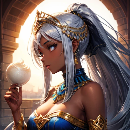 A beautiful Arabian woman with dark skin and silver ponytail