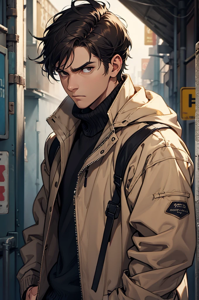 best quality, man, thin man, dark brown eyes, very short black hair, disheveled hair, beige jacket, beige jacket, white shirt tucked in, serious look, short hair, hands in jacket, looking forward, moody, very moody, very serious