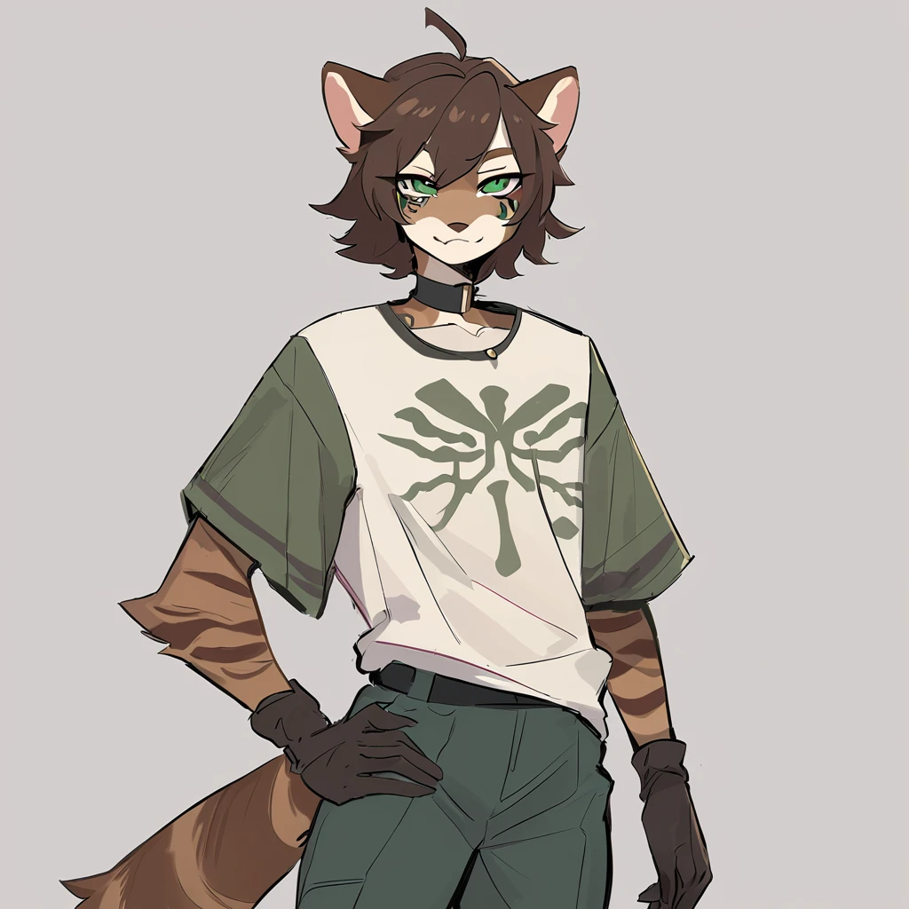 ferret girl monster tan fur with brown stripes brown short hair brown rectangular face tattoos dark green eyes long pointed brown ears with a brown fluffy tip tail with brown stripes wearing a baggy shirt, trousers and short brown gloves
