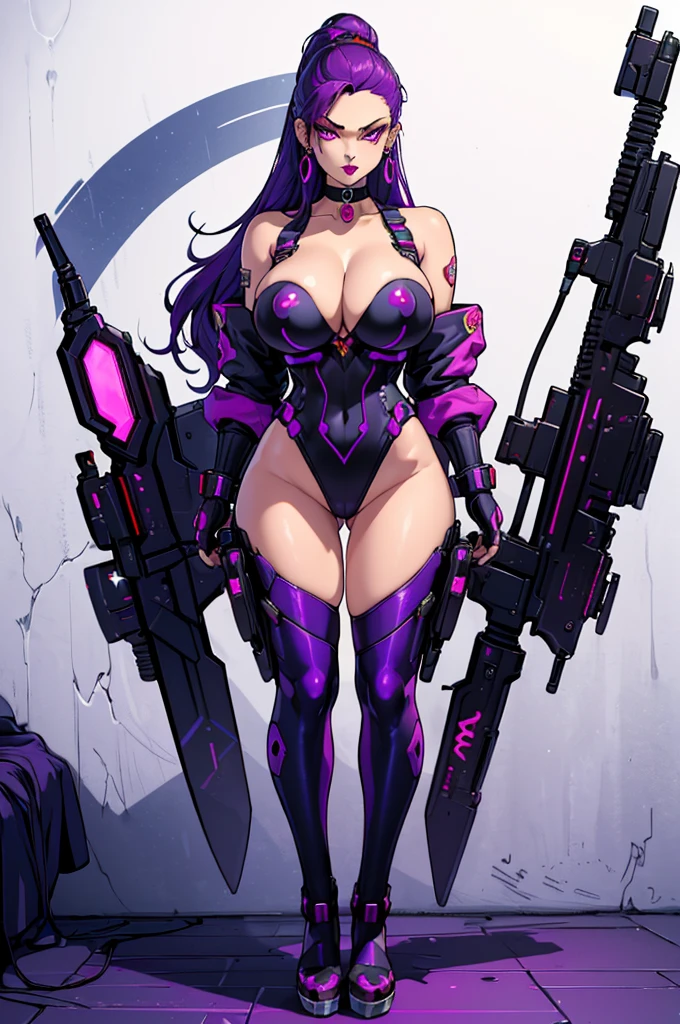(masterpiece, best quality, high resolution, ((huge breasts)) a beautiful woman, very long light purple cyberpunk style hair, purple eyes, red lips, dark blue cyberpunk style clothing, neckline, earrings, choker, sensual posture,( white background, stickers Redmond), ((full body standing)),