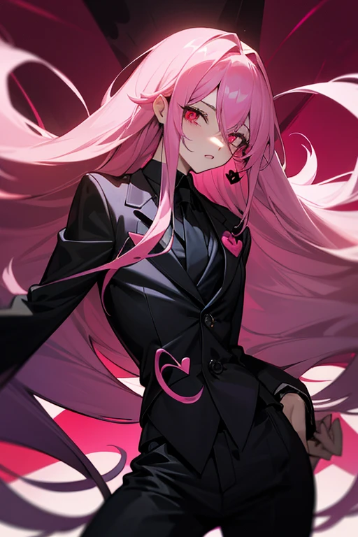a man with long hair dyed pink, red eyes with black heart-shaped pupils a small heart on the left cheek, with a mafia suit
