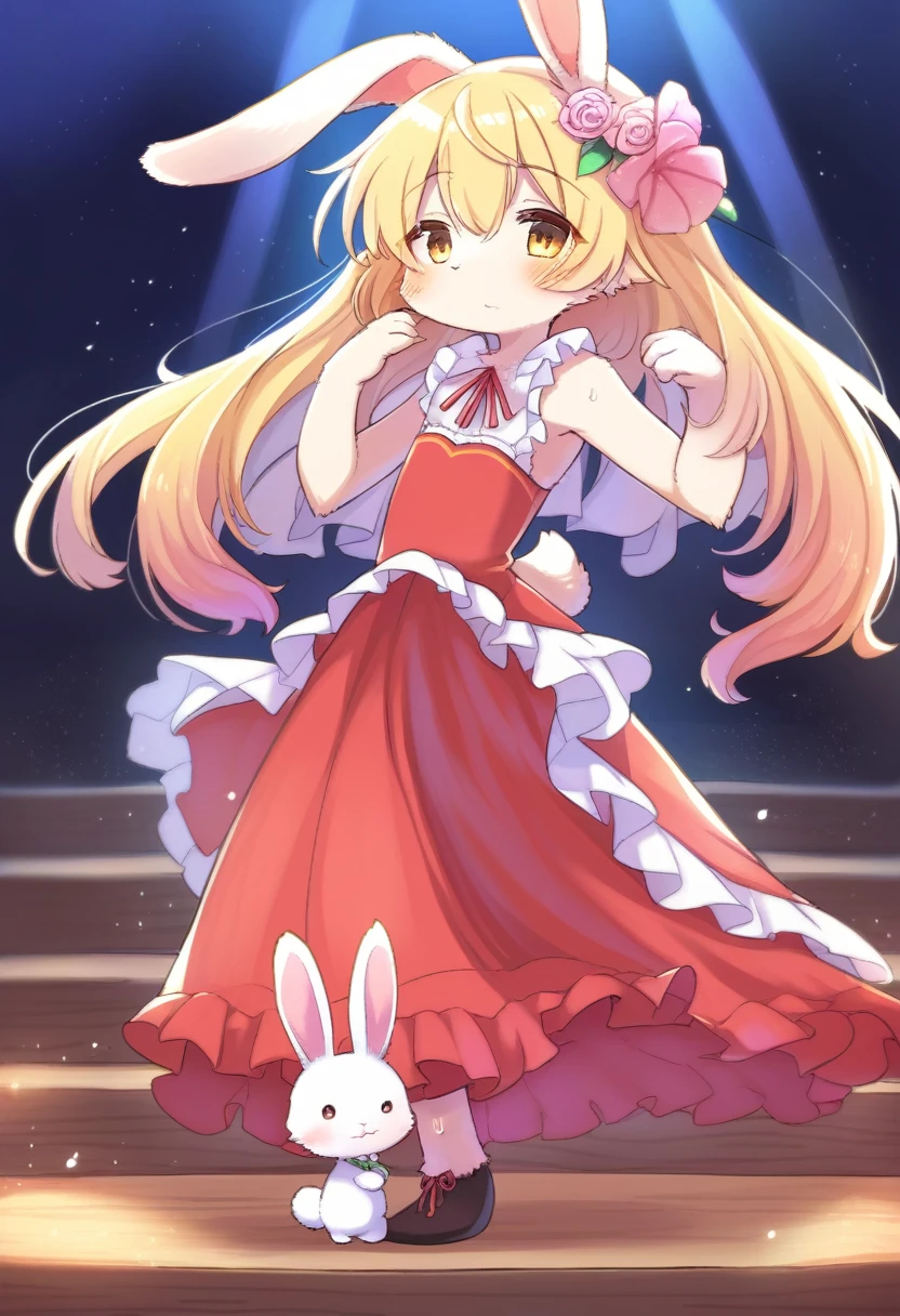 ((Masterpiece)), ((Best Quality)), (Very Detailed), ((Very Detailed)), 4K, (8K), very aesthetic, absurdres highres, 1 girl, (anthropomorphic rabbit, furry, kemono:1.8), Flamenco dancer, red dress, ruffles, flower hairpiece, passionate look, sweat, graceful pose, wooden stage, spotlight, audience, night, red, orange, yellow, white light, sweat shine, dress shine , intense gaze, graceful movements, turns, steps, hand movements