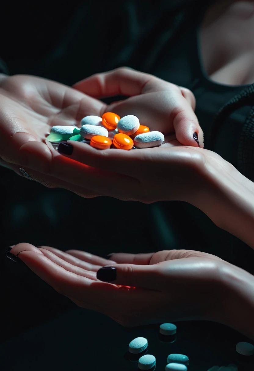 close up holds hand, woman holding pills, dark place, hand in dark place