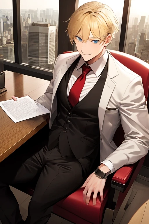 A man of 1,87m high, perfect short blonde hair, blue eyes like the sea, slim and muscular body, muscular and tattooed chest, dominant, haughty, rascal, Perverted, cruel and seductive smile, with perfect, sharp white teeth, on a luxurious black upholstered boss chair, dressed in an expensive and elegant suit with a red tie and the suit crammed, and black dress pants, a luxurious wooden table with papers, and a window behind with tall buildings and a lush view of the city*