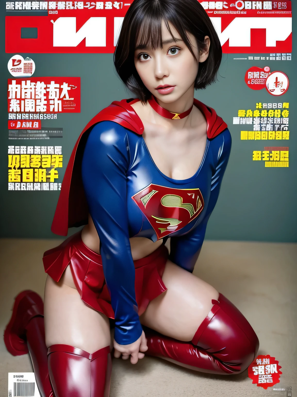masterpiece、Rubber Supergirl Costume、short hair、Red rubber long boots、Big and ample breasts、looking at the camera、choker、Long sleeve、Cape、mini skirt、Off the shoulder、Sweaty skin、Hospital room、Photo magazine cover、seiza、Boasting beautiful legs、Knee-length boots、wallpaper for pc、