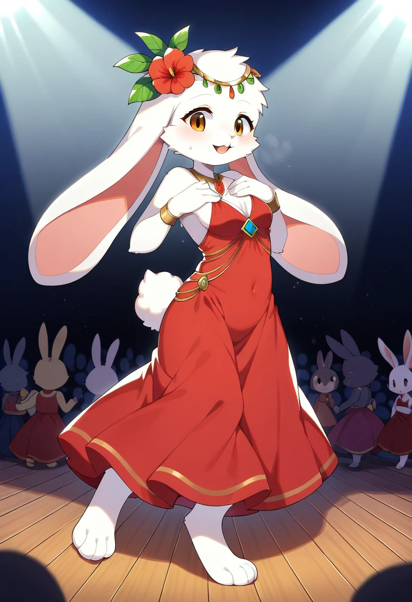 ((Masterpiece)), ((Best Quality)), (Very Detailed), ((Very Detailed)), 4K, (8K), very aesthetic, absurdres highres, 1 girl, (anthropomorphic rabbit, furry, kemono:1.8), Flamenco dancer, red dress, ruffles, flower hairpiece, passionate look, sweat, graceful pose, wooden stage, spotlight, audience, night, red, orange, yellow, white light, sweat shine, dress shine , intense gaze, graceful movements, turns, steps, hand movements